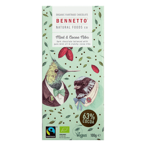 Bennetto Natural Foods co Mint & Cocoa Nibs 100G Chocolate Bar