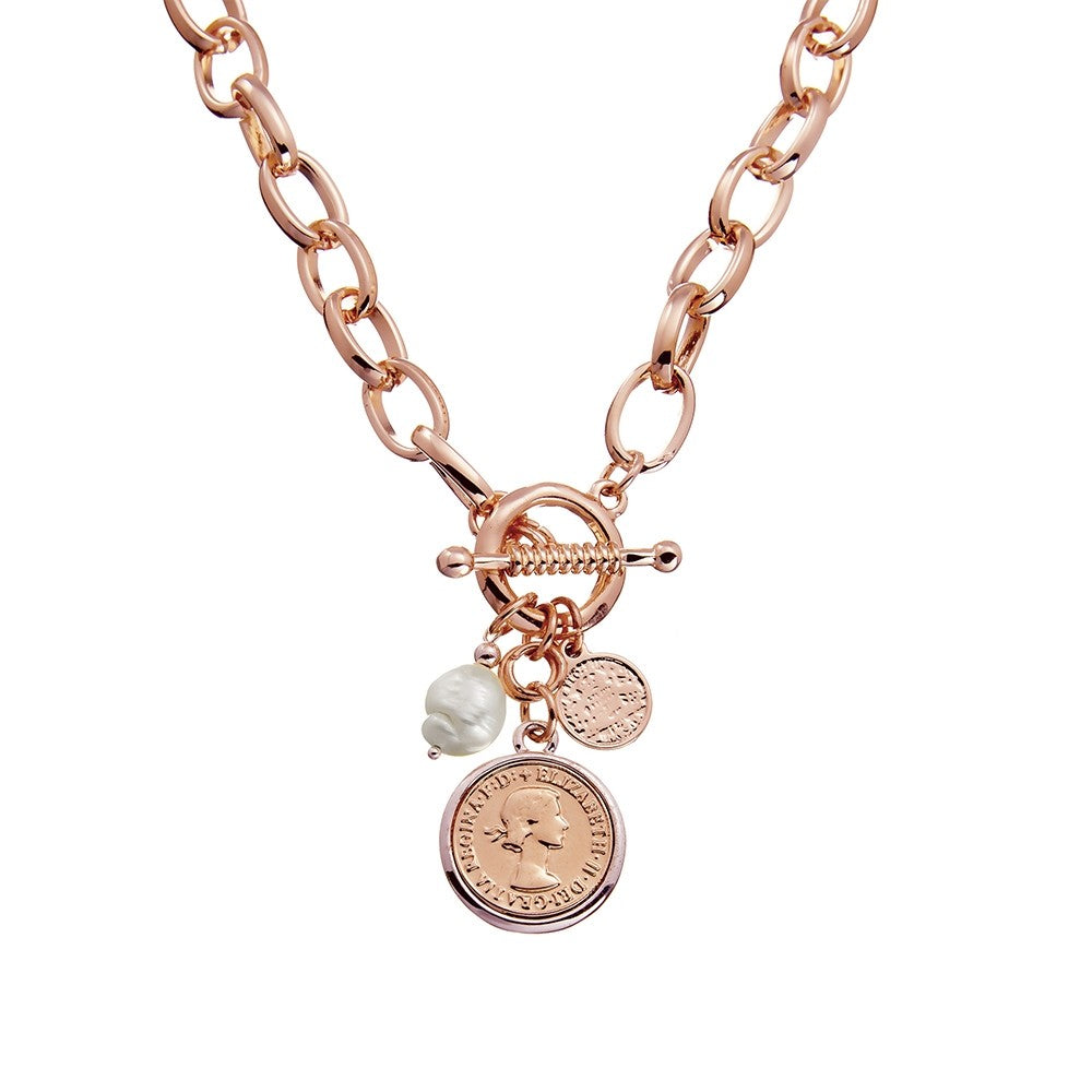 Rose Gold Link Necklace with Coin & Pearl Fob