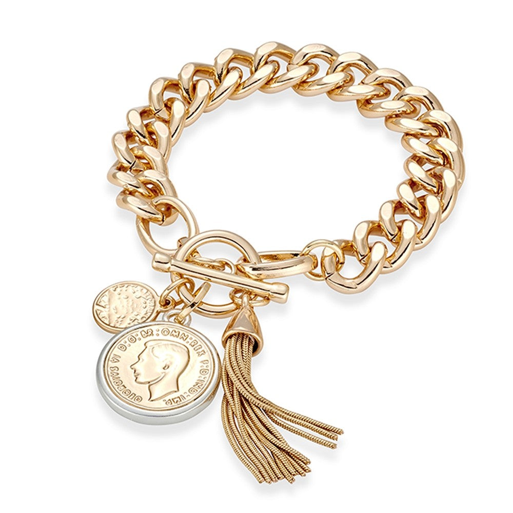 Gold Fashion Curb Link Bracelet with Coin Pendant