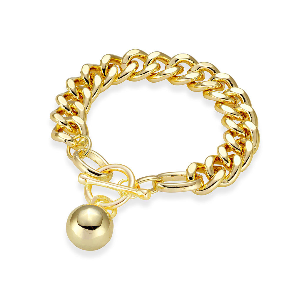 Gold Curb Link Bracelet with Ball Pendant