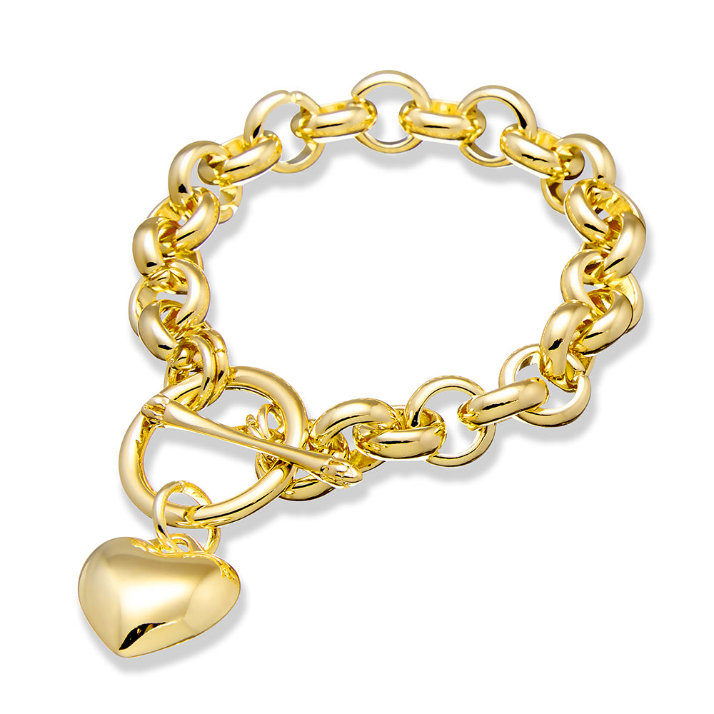 Gold Fashion Belcher Link Bracelet with Puff Heart and Fob