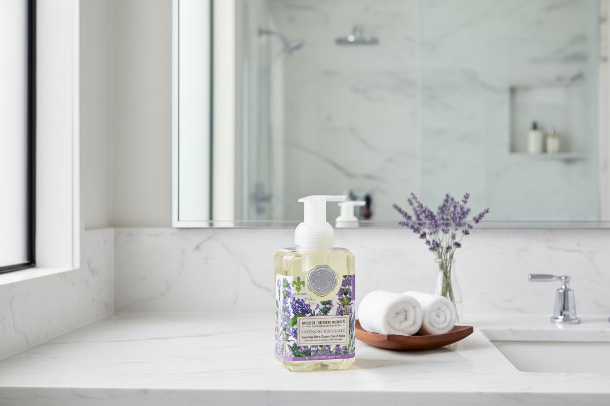 Foaming hand soap bottle with lavender design on a white background