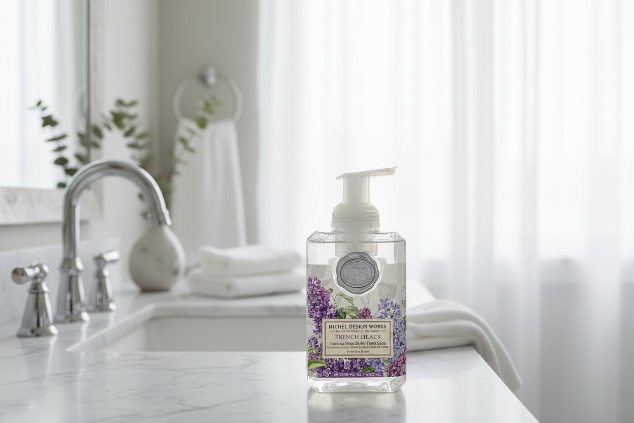 Foaming hand soap bottle with French Lilacs design on a white background