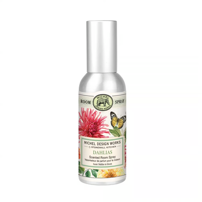 Michel Design Works Dahlia Room Spray bottle with floral design and butterflies, in a silver metal container with a printed sleeve.