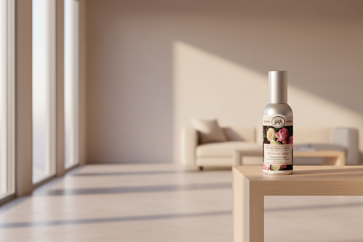 Room spray bottle with floral design and brand label on a white background