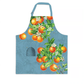A blue apron with a pattern of oranges and orange blossoms, featuring a pocket and adjustable neck strap.