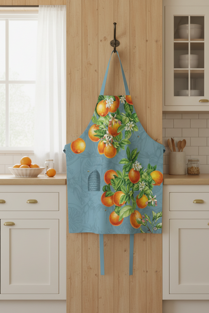 Apron with orange tree design on a blue background