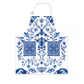 A blue and white floral patterned apron with pockets and a neck strap.