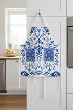 Apron with blue floral pattern on a white background