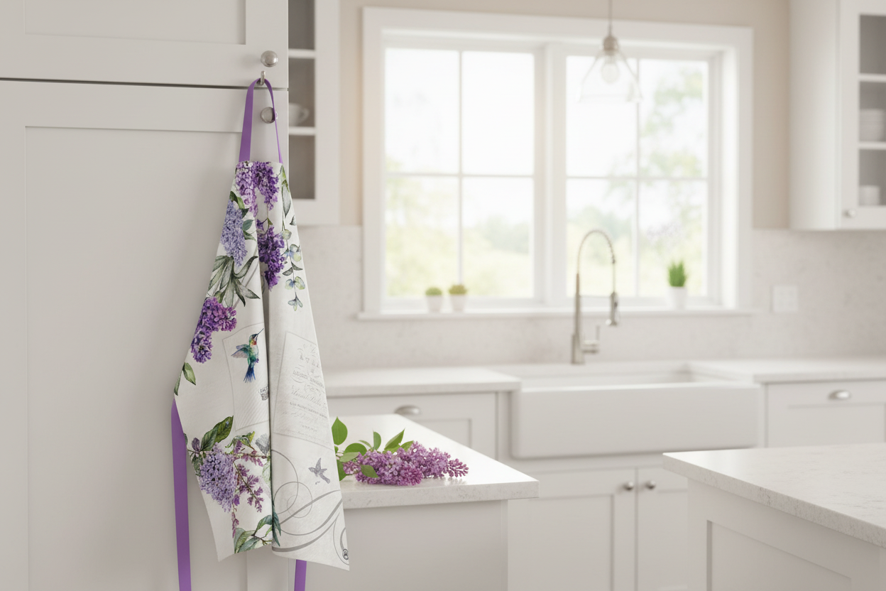 Floral apron with purple flowers and green leaves on a white background