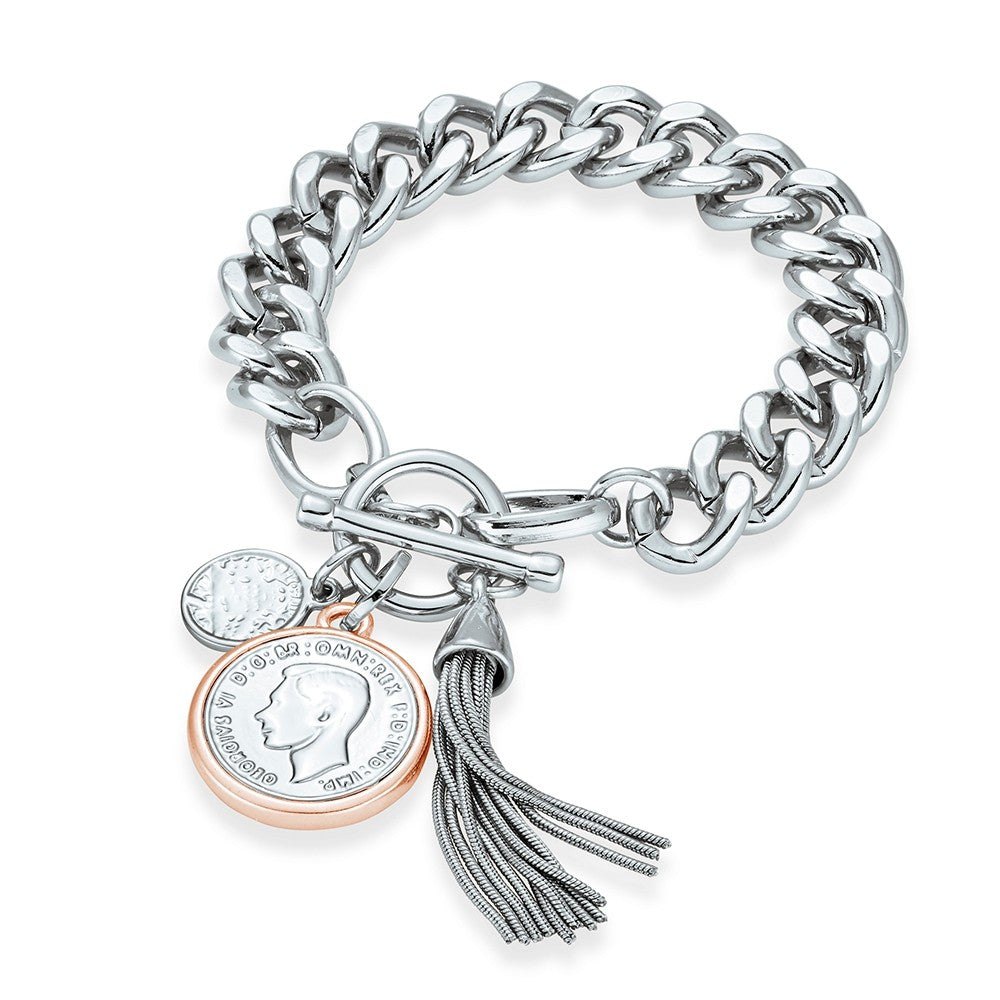 Silver Fashion Curb Link Bracelet with Coin Pendant