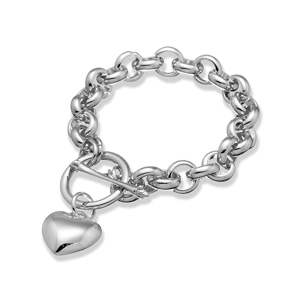 Silver Fashion Belcher Link Bracelet with Puff Heart and Fob