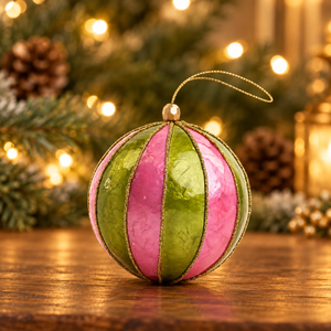 Stripe Hand Painted Capiz Bauble Green and Pink - Available Mid October