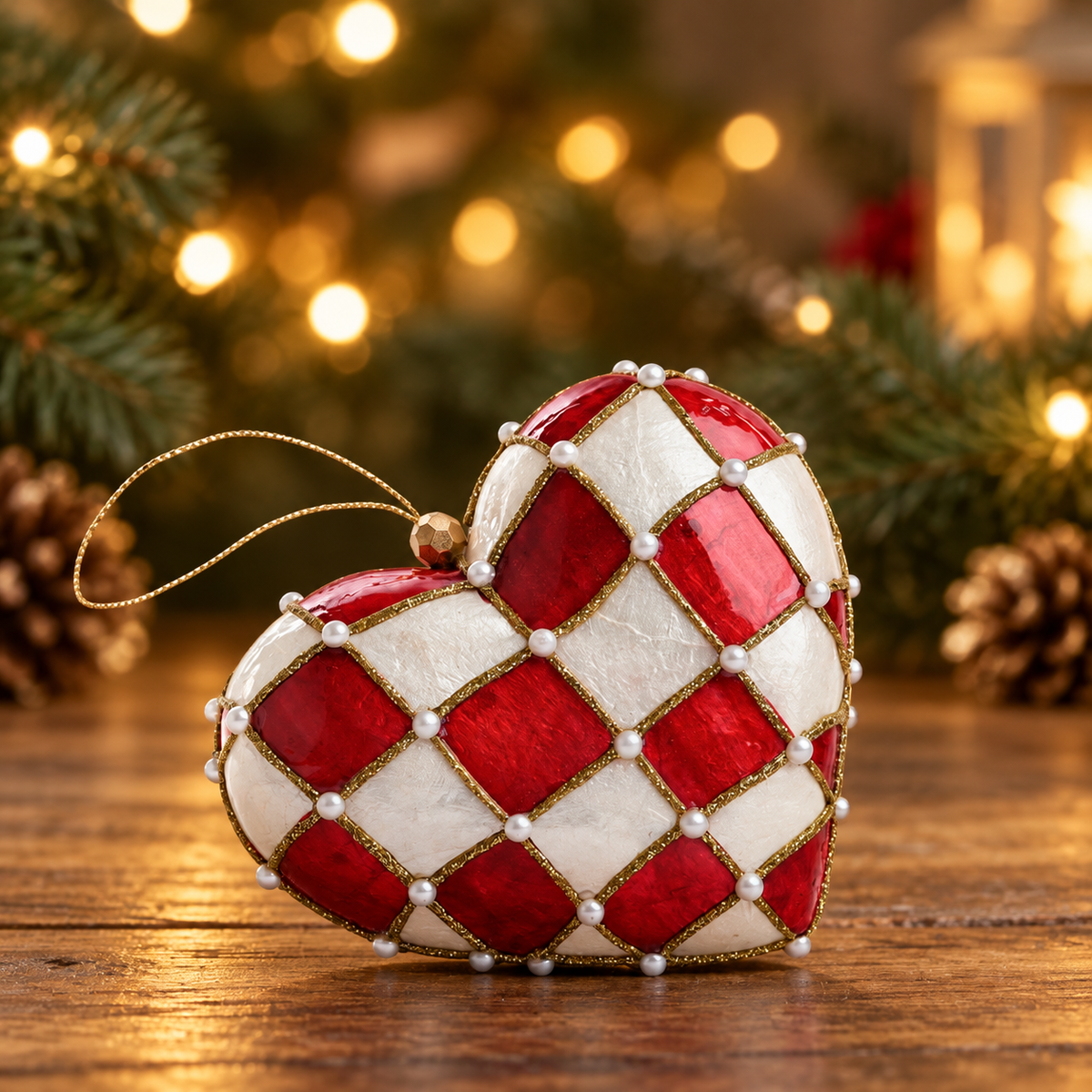 Hand Painted Checker Capiz Red Heart Decoration - Available Mid October