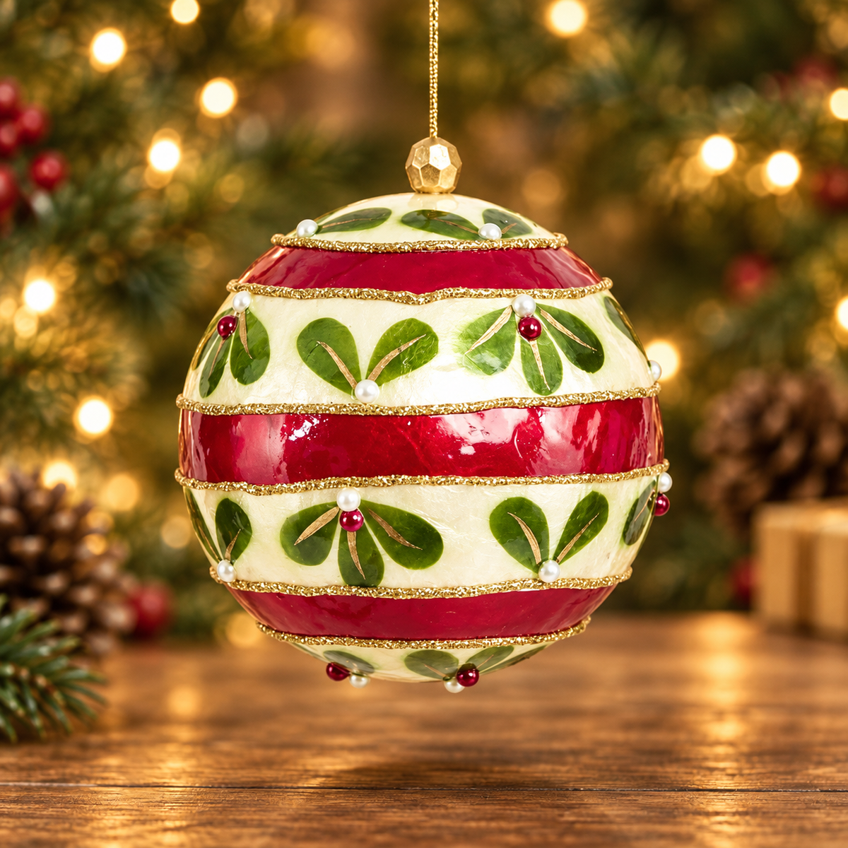 Hand Painted Capiz Bauble - Red with Green Leaf Decoration - Available Mid October
