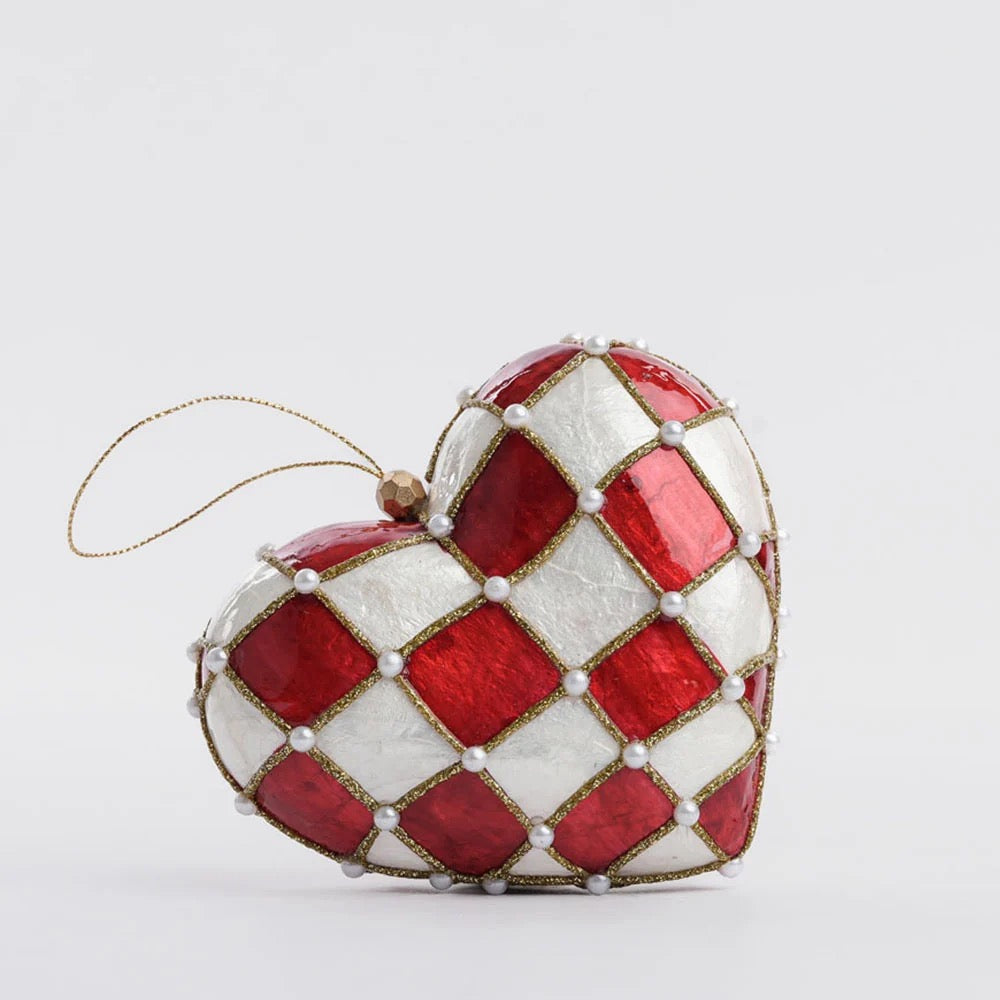 Hand Painted Checker Capiz Red Heart Decoration - Available Mid October