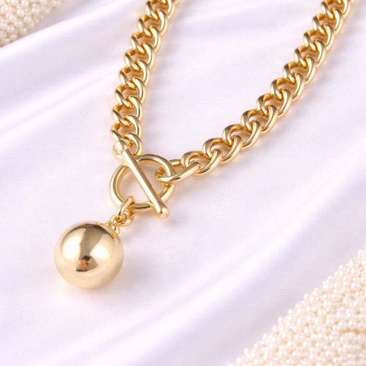 Gold Link Fob Necklace with Ball Pendant