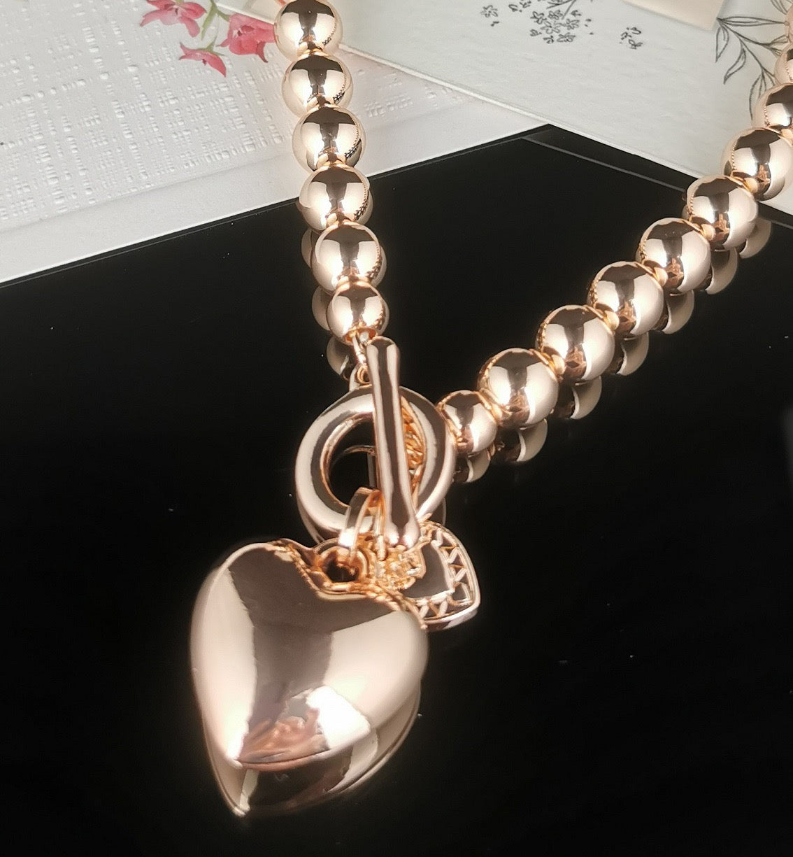 Rose Gold Heart Necklace with Ball Chain