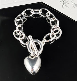 Silver Fashion Open Link Bracelet with Puff Heart and Fob