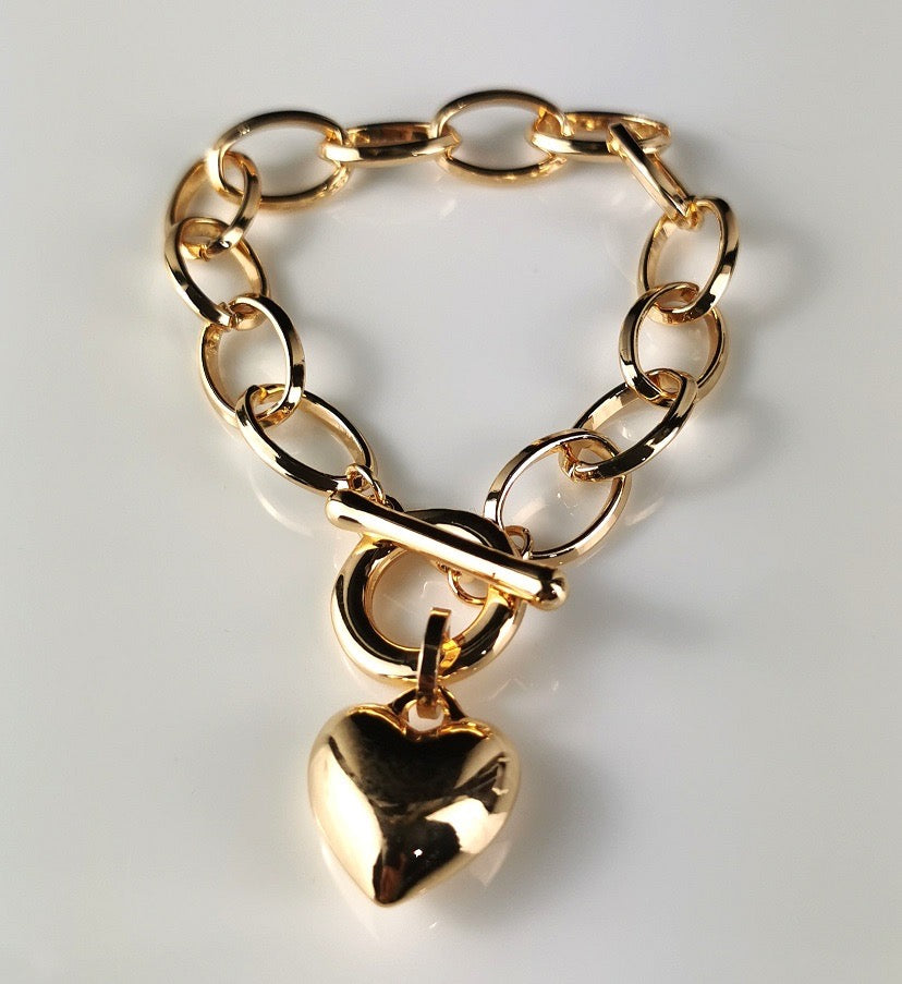 Gold Fashion Open Link Bracelet with Puff Heart and Fob