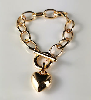 Gold Fashion Open Link Bracelet with Puff Heart and Fob