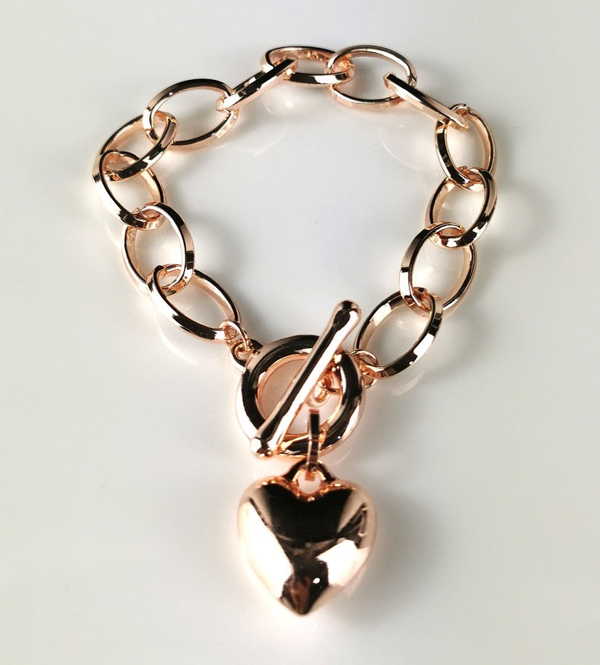 Rose Gold Fashion Open Link Bracelet with Puff Heart and Fob