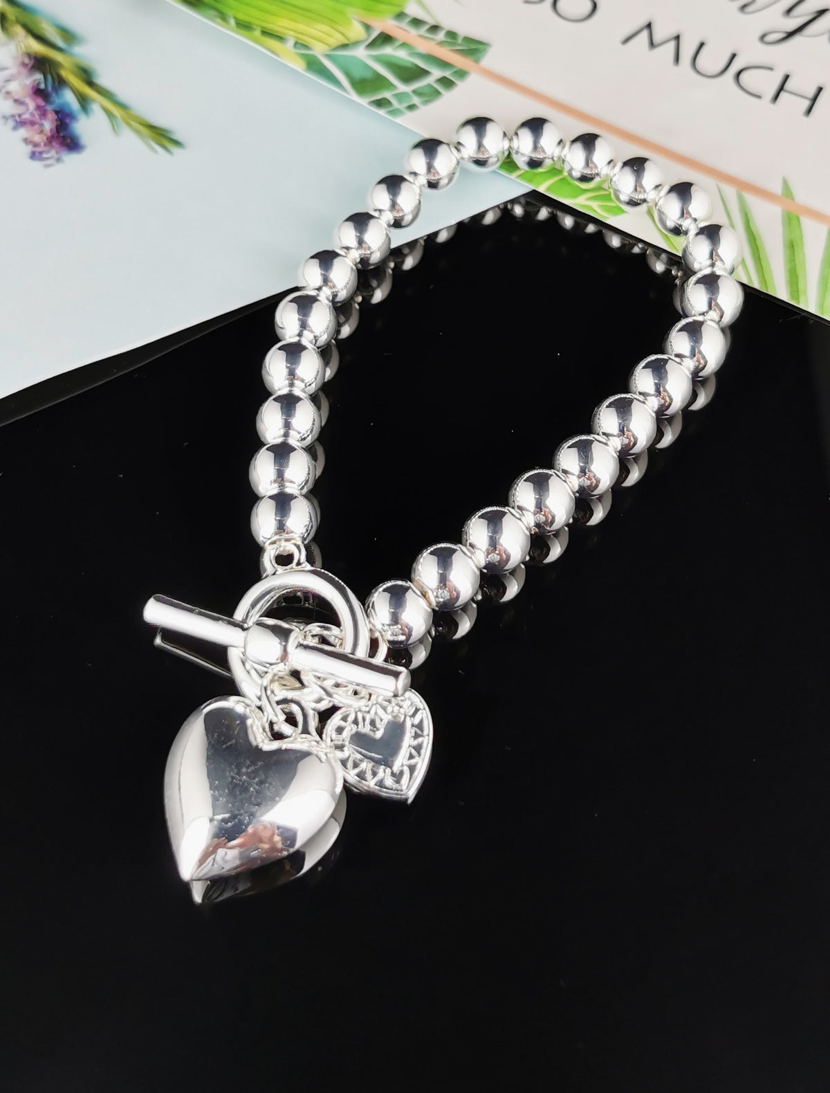 Silver Heart Bracelet with Ball Chain and Puff Heart Fob