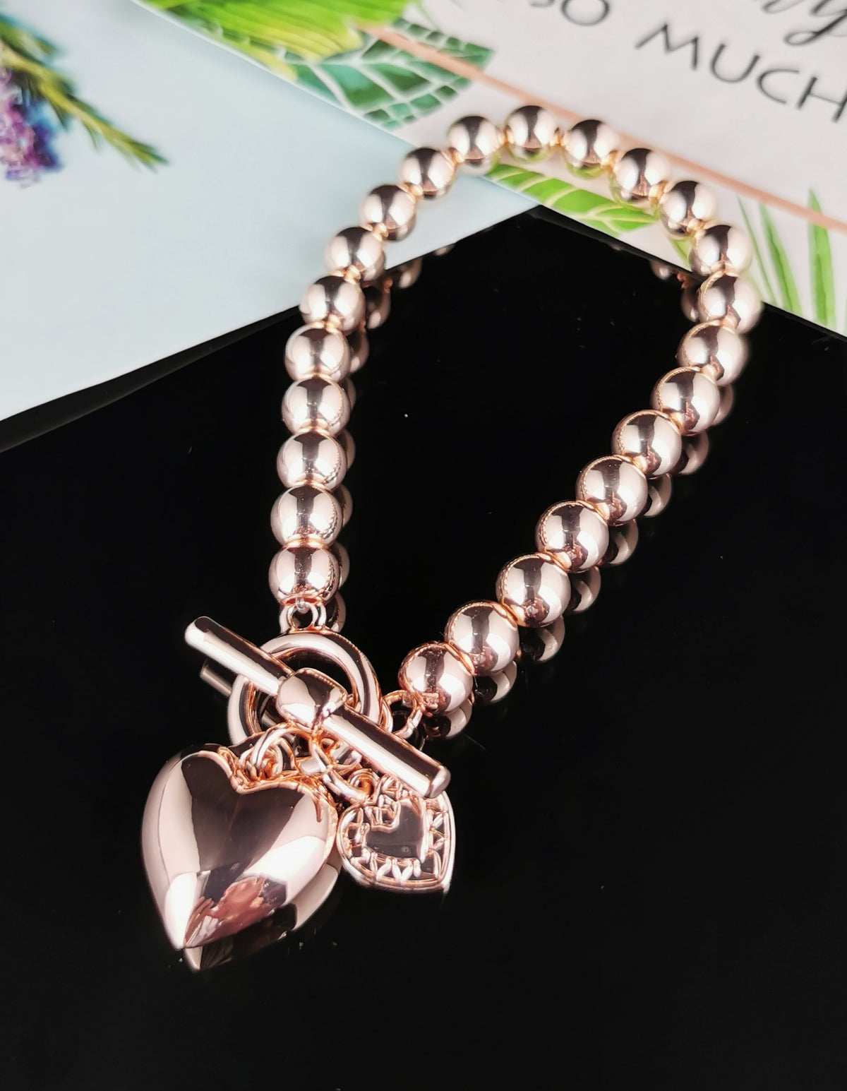 Rose Gold Heart Bracelet with Ball Chain and Puff Heart Fob