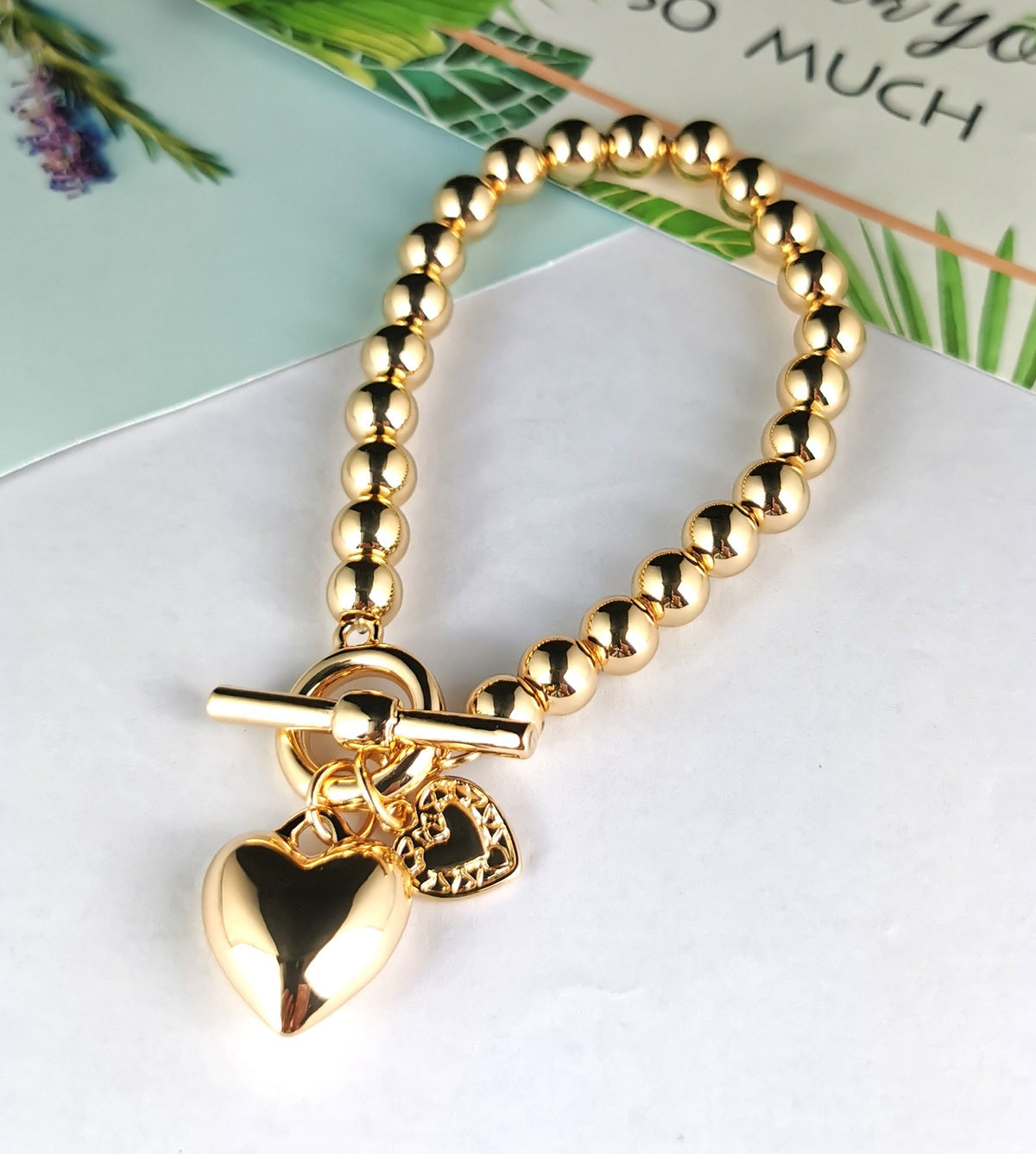 Gold Heart Bracelet with Ball Chain and Puff Heart Fob