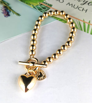 Gold Heart Bracelet with Ball Chain and Puff Heart Fob