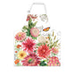 A cotton apron featuring a floral blossom design with prominent pink and red flowers, green foliage, and butterflies.