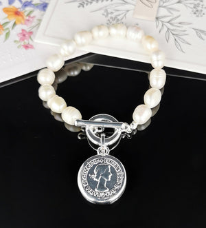 Silver Freshwater Pearl Bracelet with Coin Charm