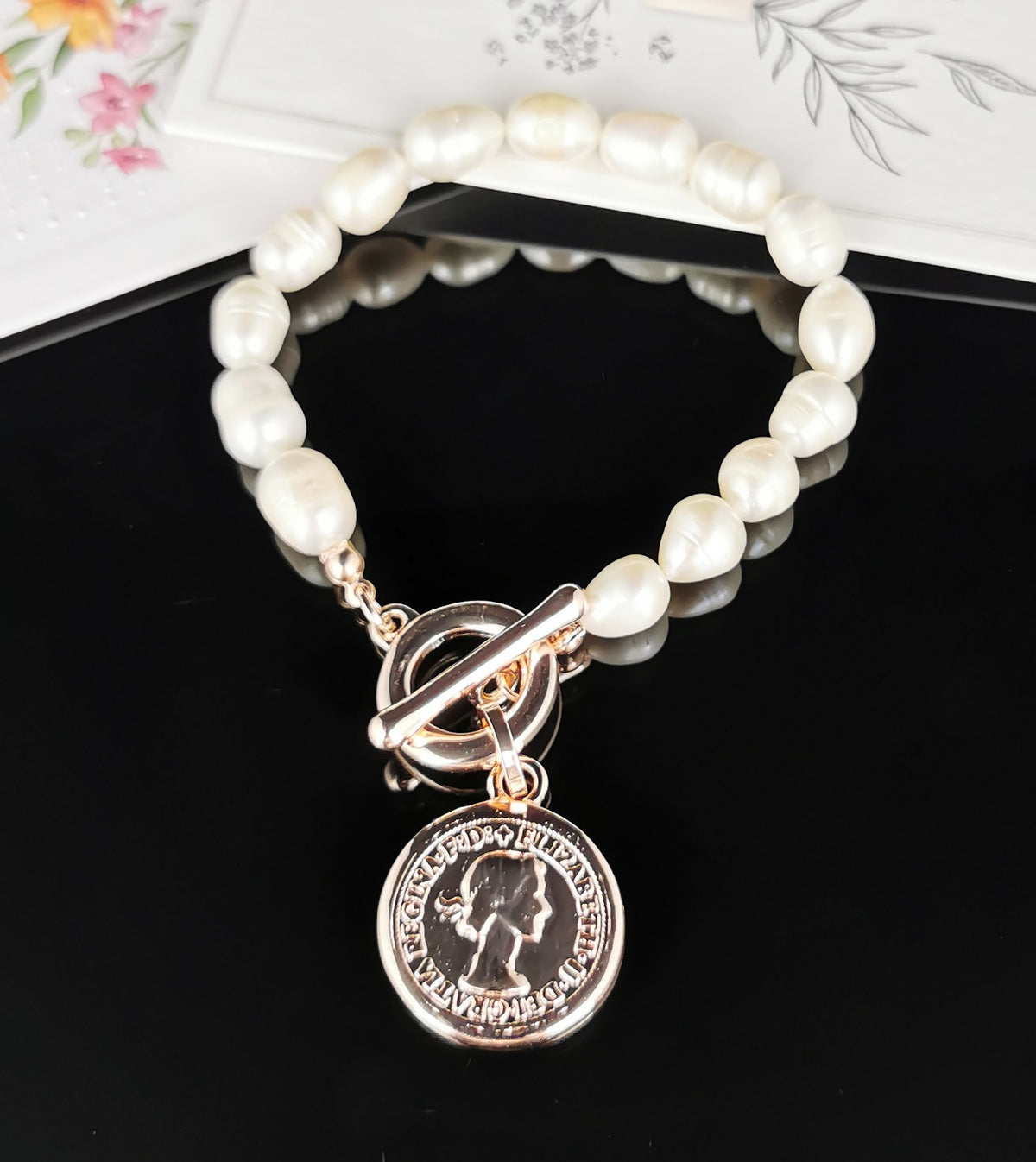 Rose Gold Freshwater Pearl Bracelet with Coin Charm