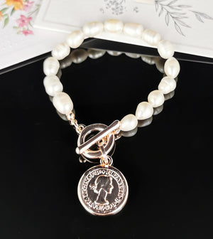Rose Gold Freshwater Pearl Bracelet with Coin Charm