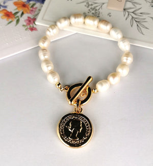 Gold Freshwater Pearl Bracelet with Coin Charm