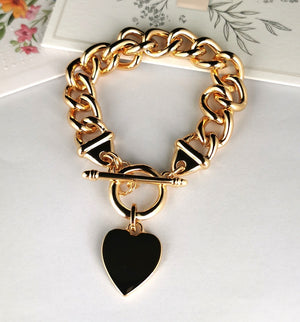 Gold Link Bracelet with Heart Fob