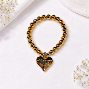 Gold Heart Bracelet with Ball Chain and Beaten Heart Charm