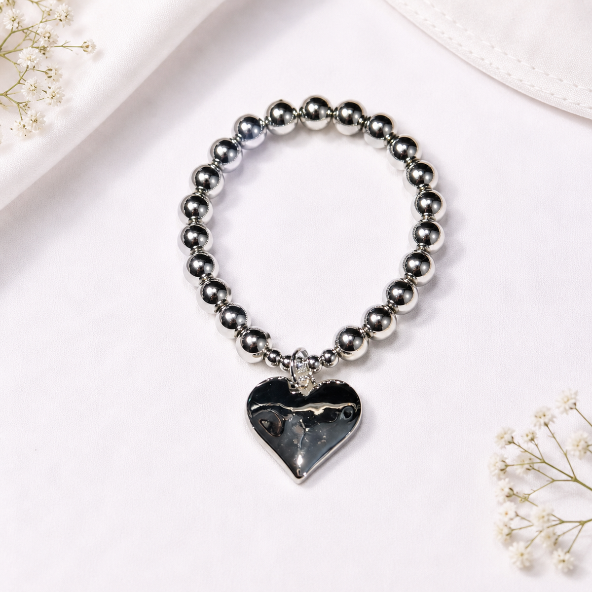 Silver Heart Bracelet with Ball Chain and Beaten Heart Charm