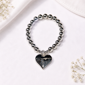 Silver Heart Bracelet with Ball Chain and Beaten Heart Charm