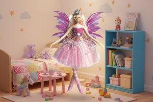 Fantasy fairy doll with pink dress and wings on a white background