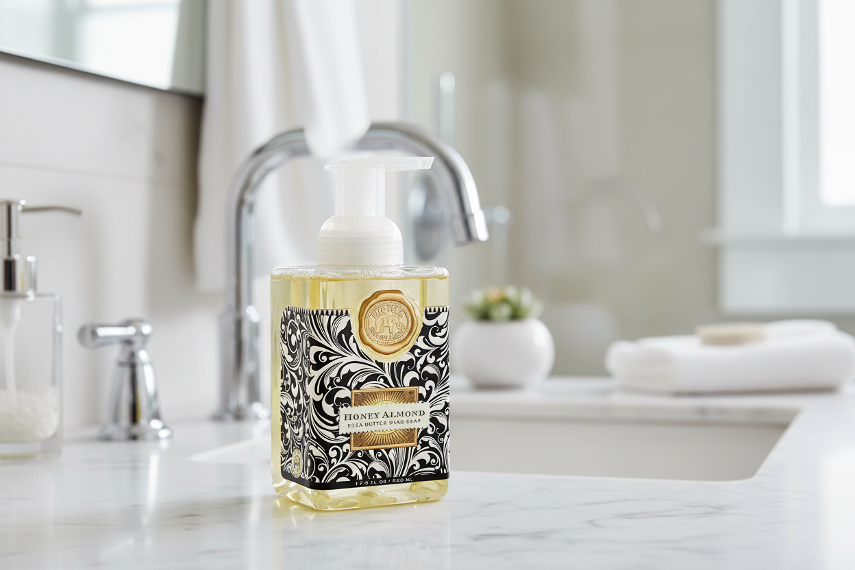 Foaming hand soap bottle with decorative label on a white background