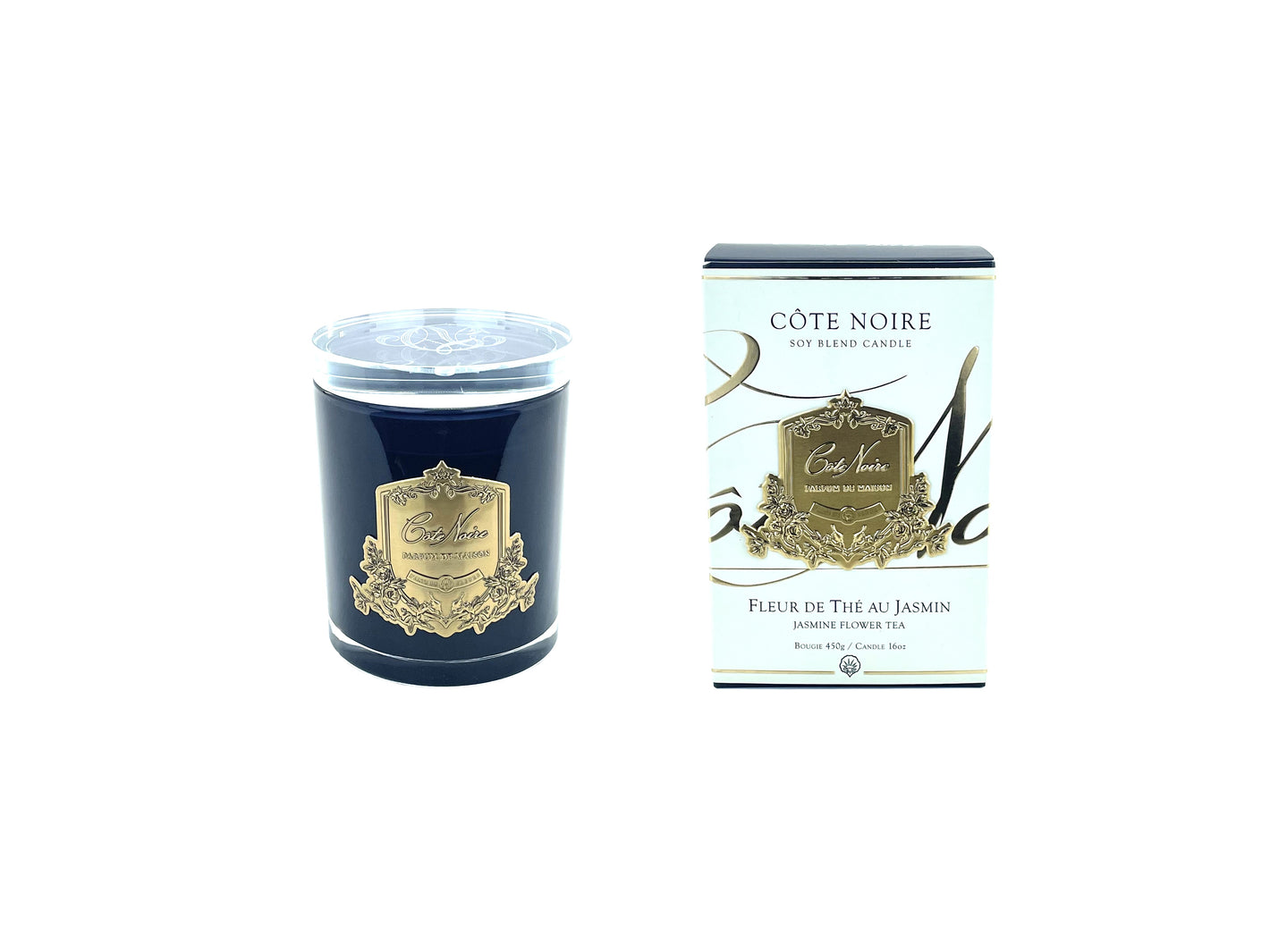 Côte Noire - CRYSTAL GLASS LID 450G SOY BLEND CANDLE - JASMINE FLOWER TEA