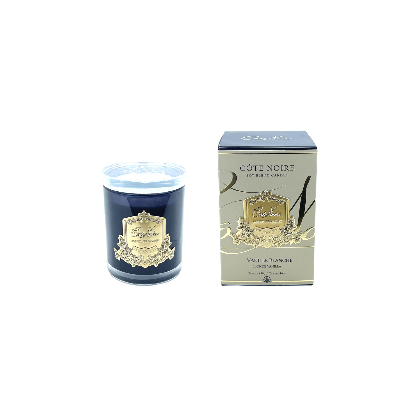 Côte Noire - CRYSTAL GLASS LID 450G SOY BLEND CANDLE - BLONDE VANILLA - GOLD