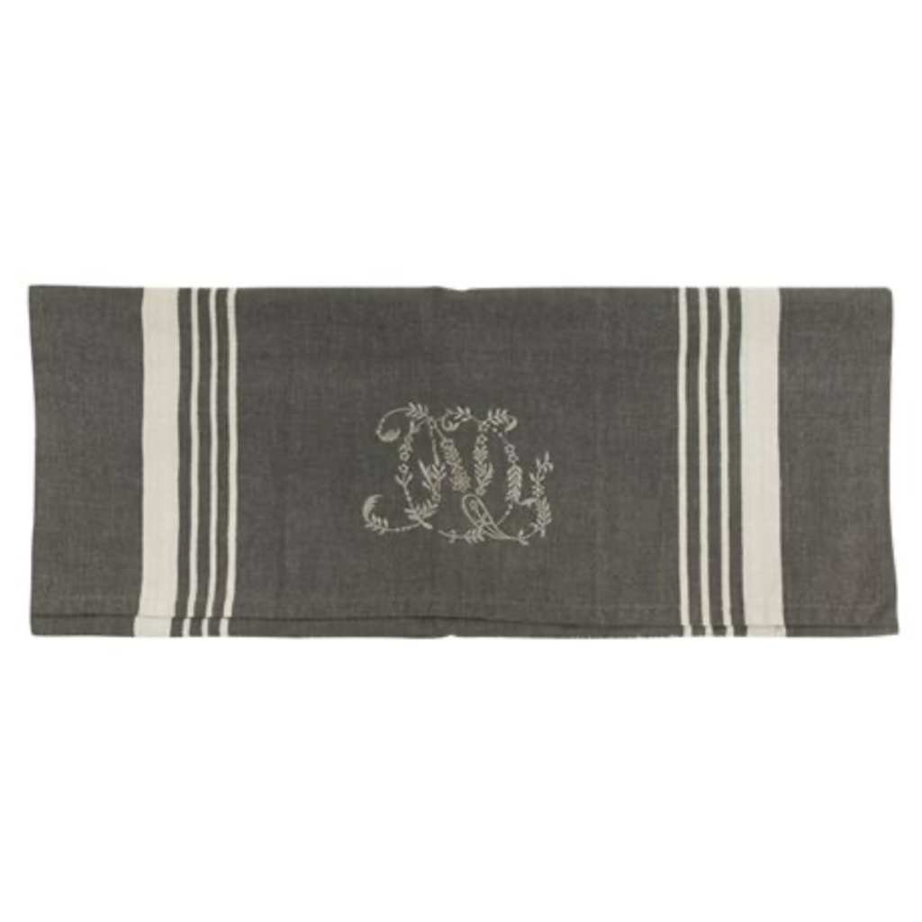 French Country Charcoal with White Stripe Monogram Tea Towel