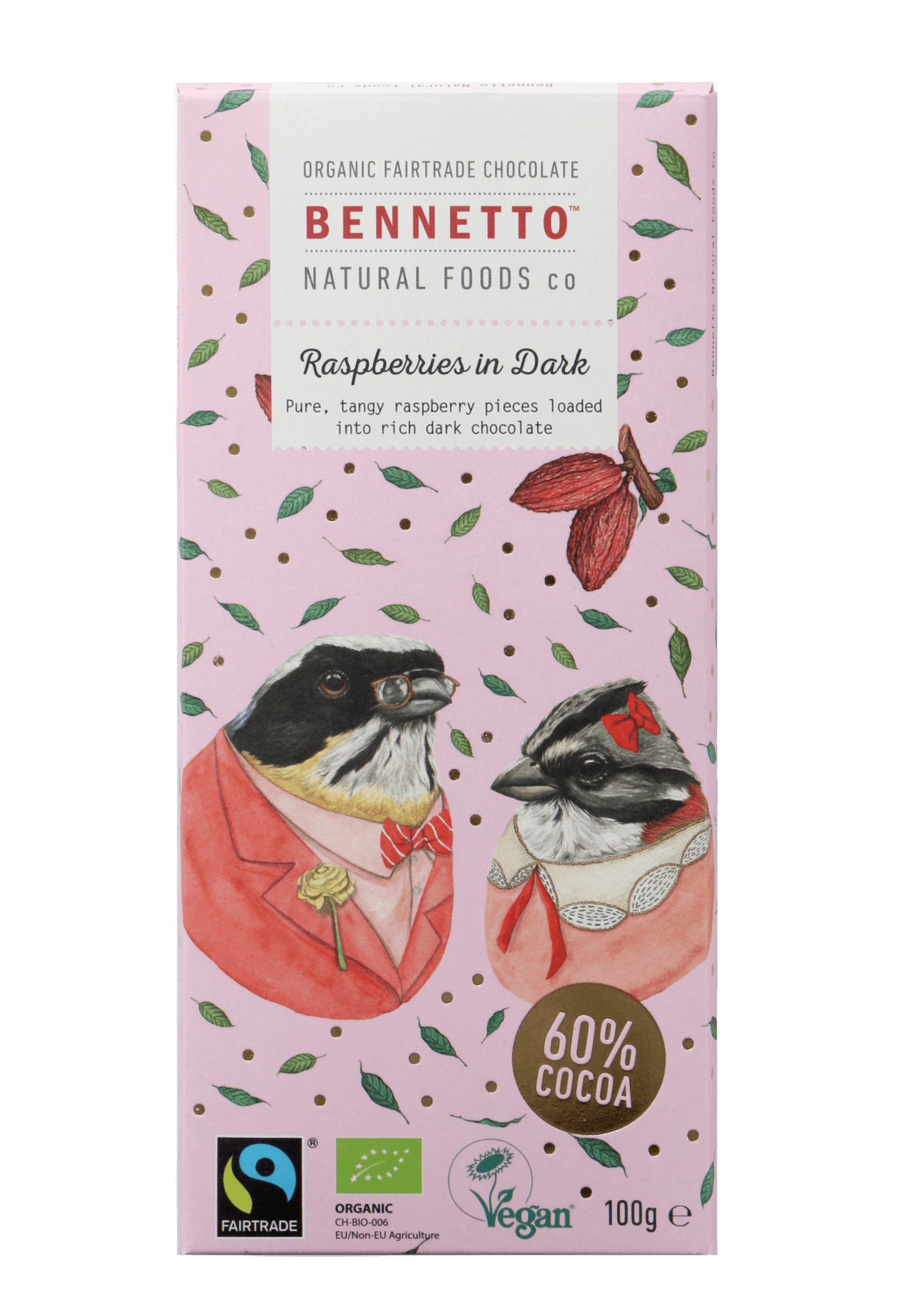 Bennetto Natural Foods co Raspberries In Dark 100G Chocolate Bar