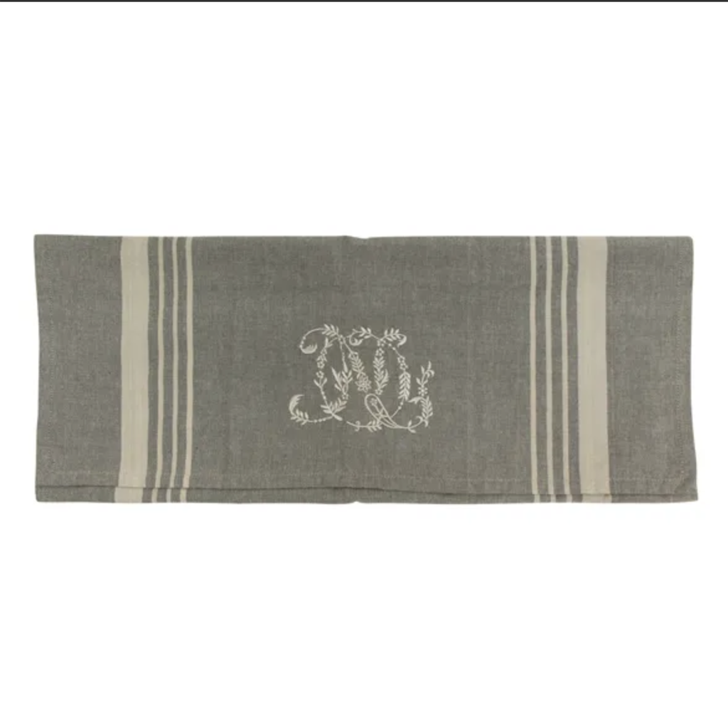 French Country Grey with Natural Stripe Monogram Tea Towel